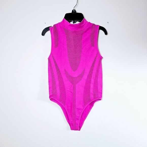 Nylon Mesh Cutout Bodysuit Mockneck  Top FUCHSIA Pink NWT Size S/M and M/L - Picture 2 of 10